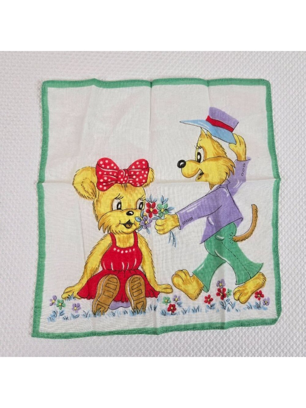Vintage 50s Childrens Handkerchief Bear Couple Kitsch 8"